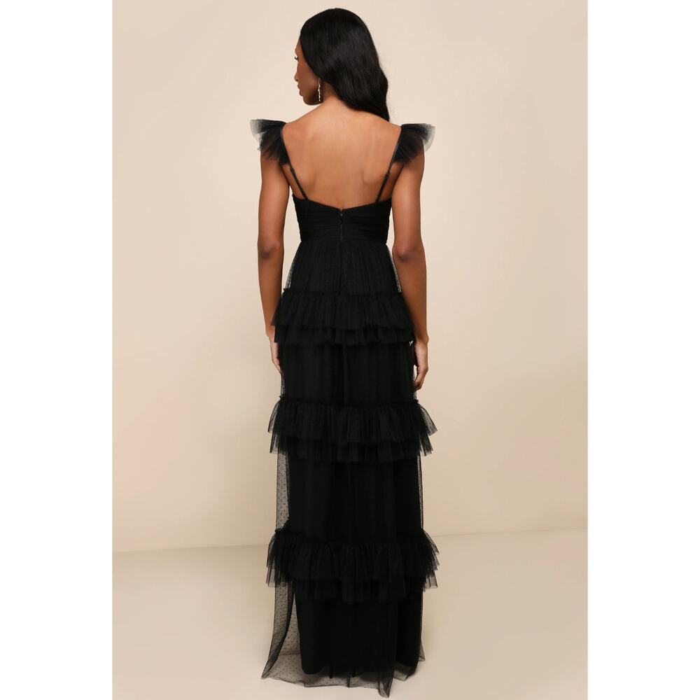 NWT Lulus Pure Radiance Black Mesh Swiss Dot Tiered Maxi Dress Large - Picture 3 of 12